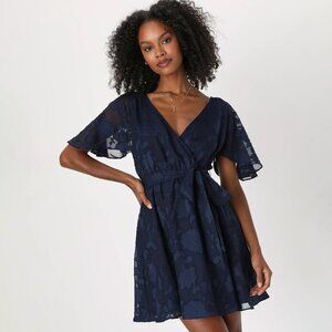 Lulus | Flutter Forever Navy Burnout Jacquard Flutter Sleeve Mini Dress